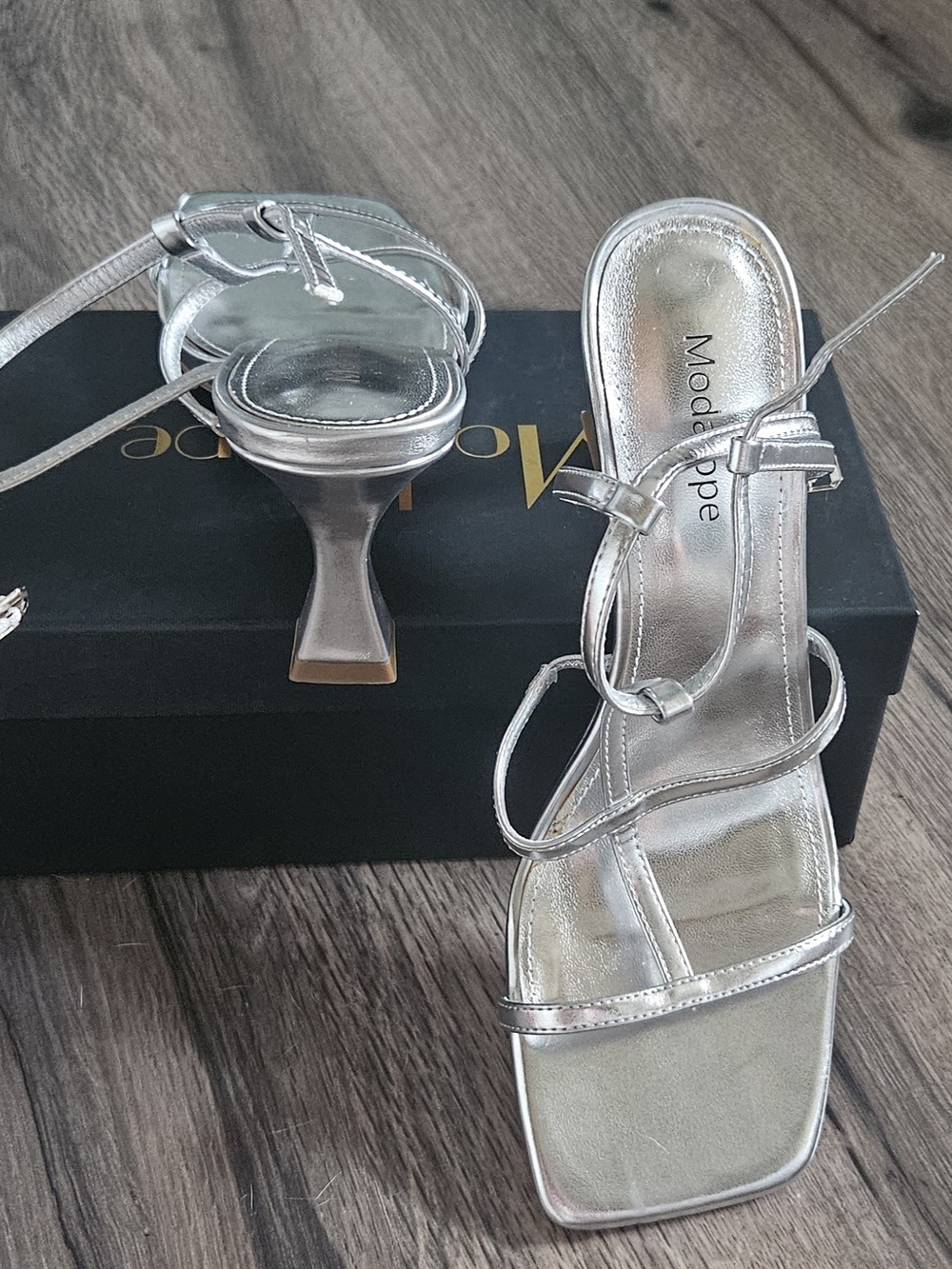 Metallic Silver Strappy Square-Toe Mid Heel Sandals